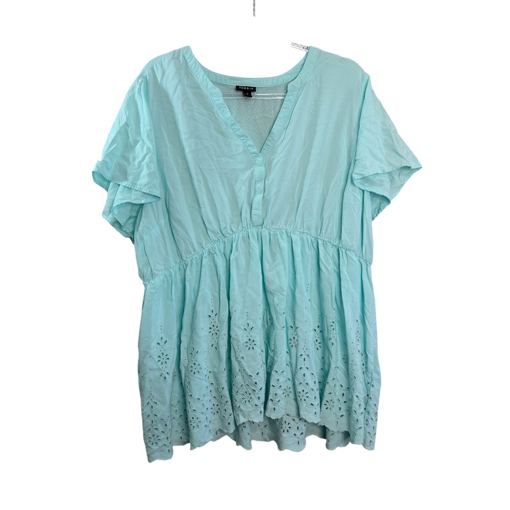 Torrid Womens Light Blue Eyelet Embroidered Babydoll Peplum Top Size 3 Plus 3X